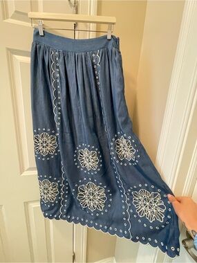 NWT Carolina K. Larissa Chambray Embroidered Maxi Skirt